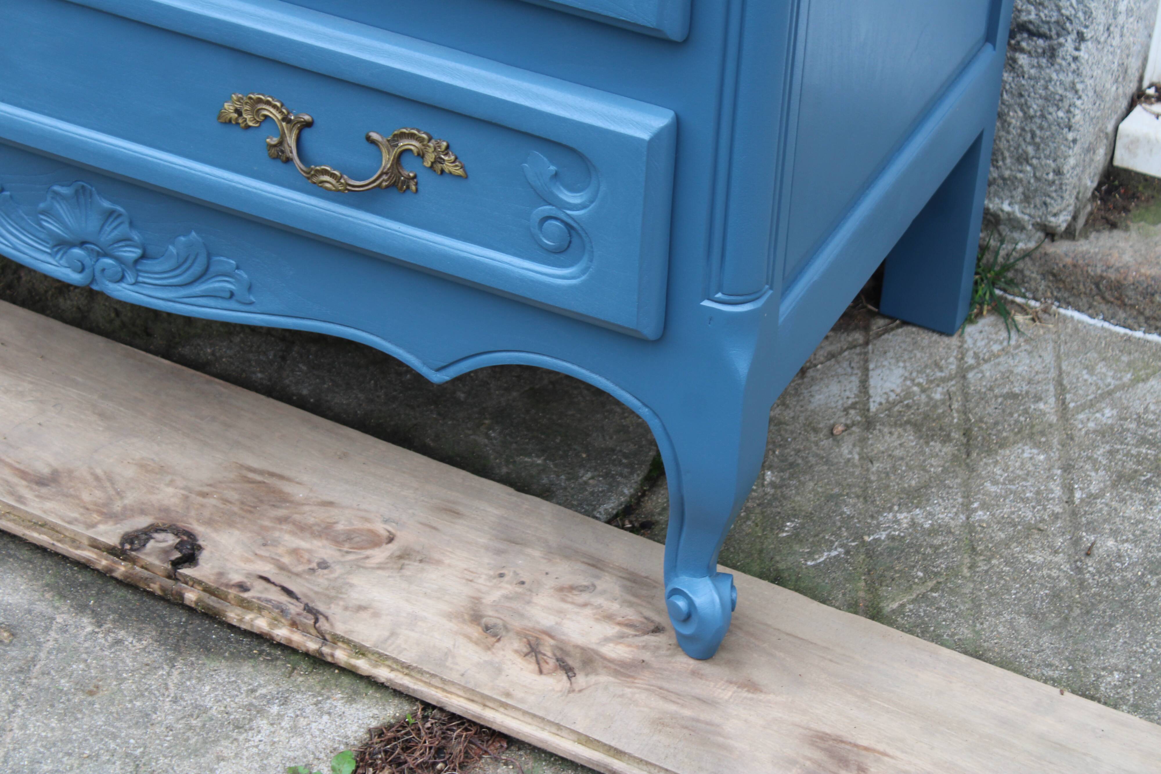 Commode ancienne rénovée bleu – plateau bois – 3 tiroirs