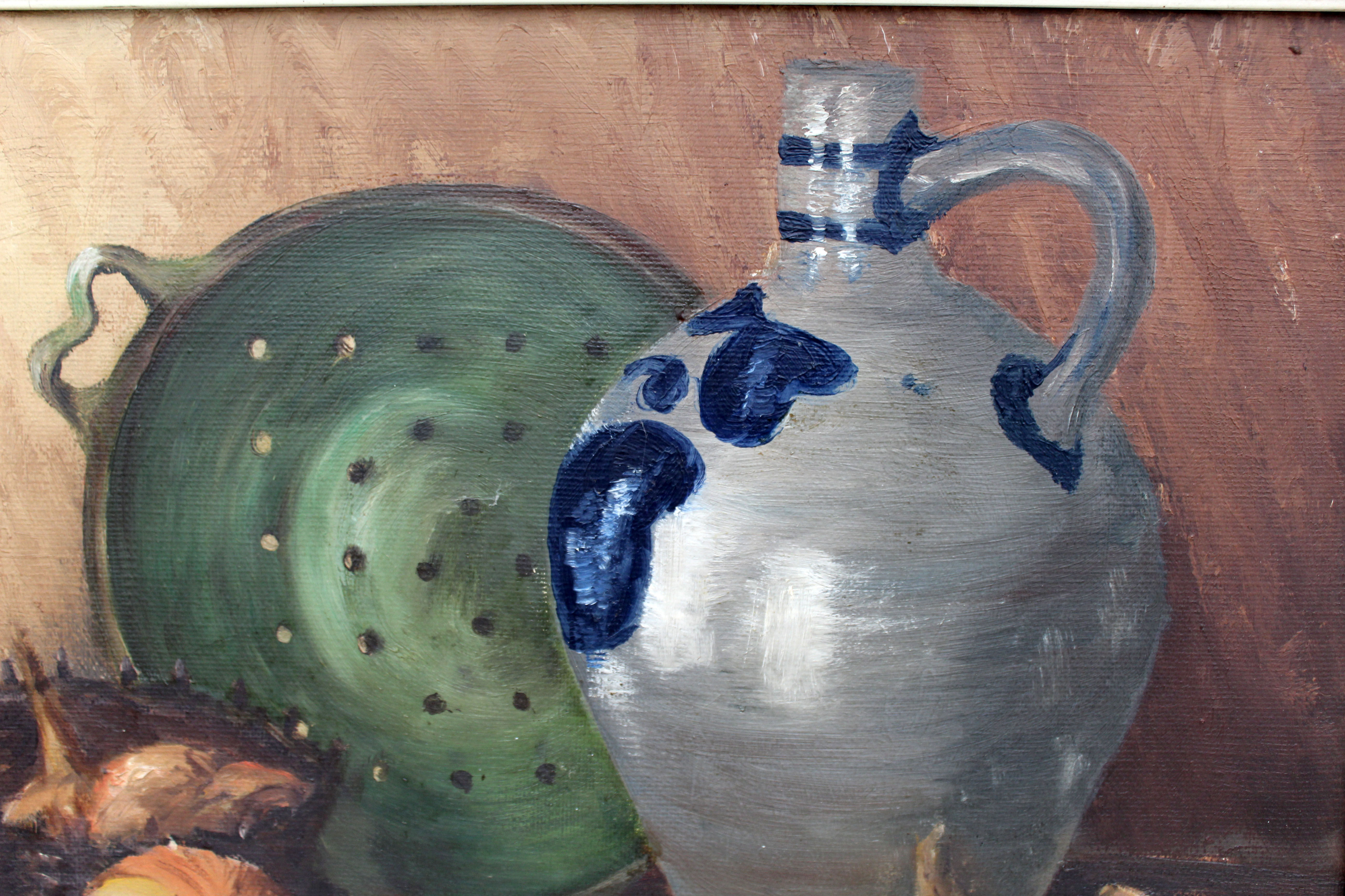 Vintage oil painting on canvas and gold gilded wood frame, still life