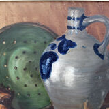 Vintage oil painting on canvas and gold gilded wood frame, still life