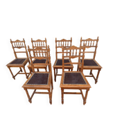 Set of 6 antique turned wooden chairs with embossed leather seats.