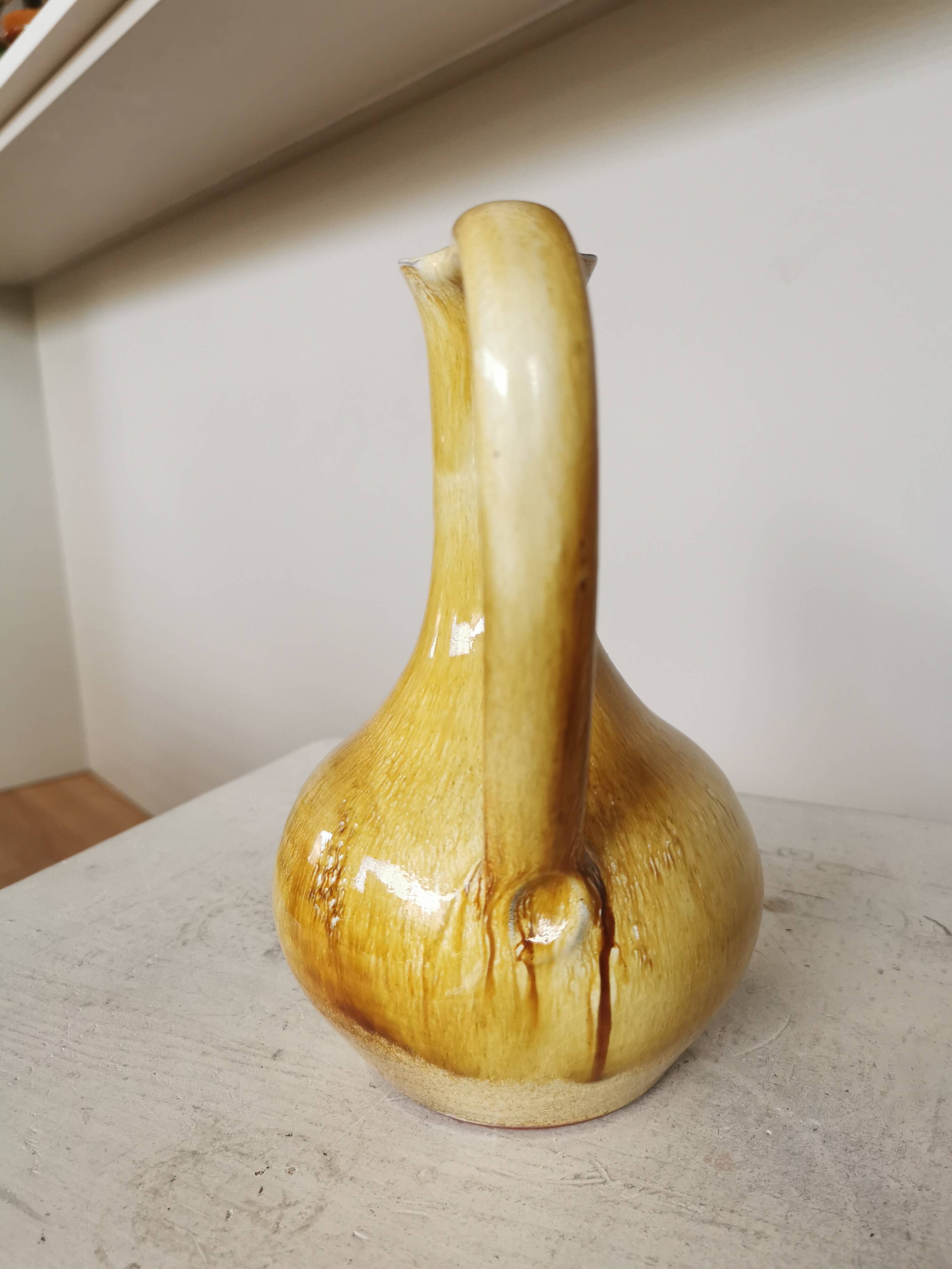 Handmade Ceramic Pitcher: 1970s LKC Pottery, Yellow Brown Glaze