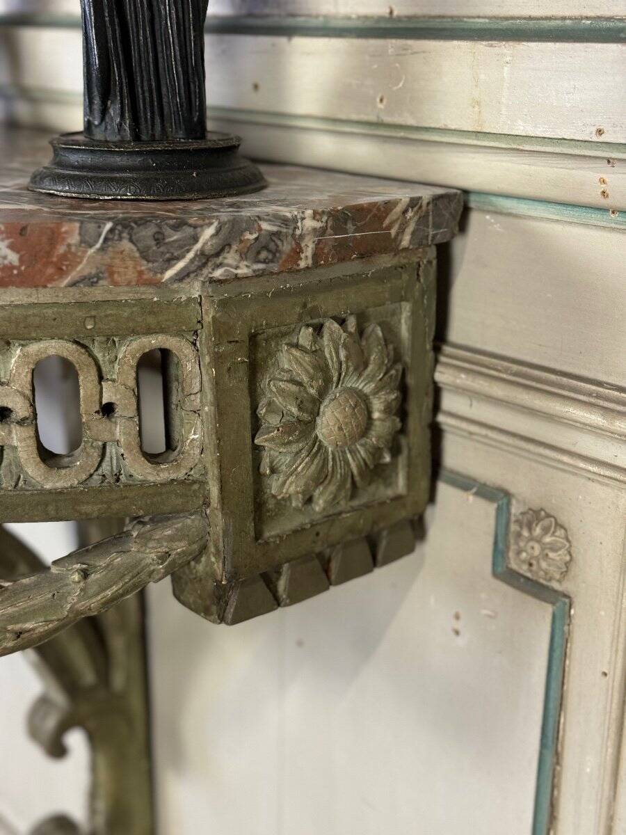 Carved Wood Wall Console, Green Shades of Patina, 18th Century