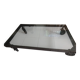 Industrial coffee table in solid metal with a glass top.