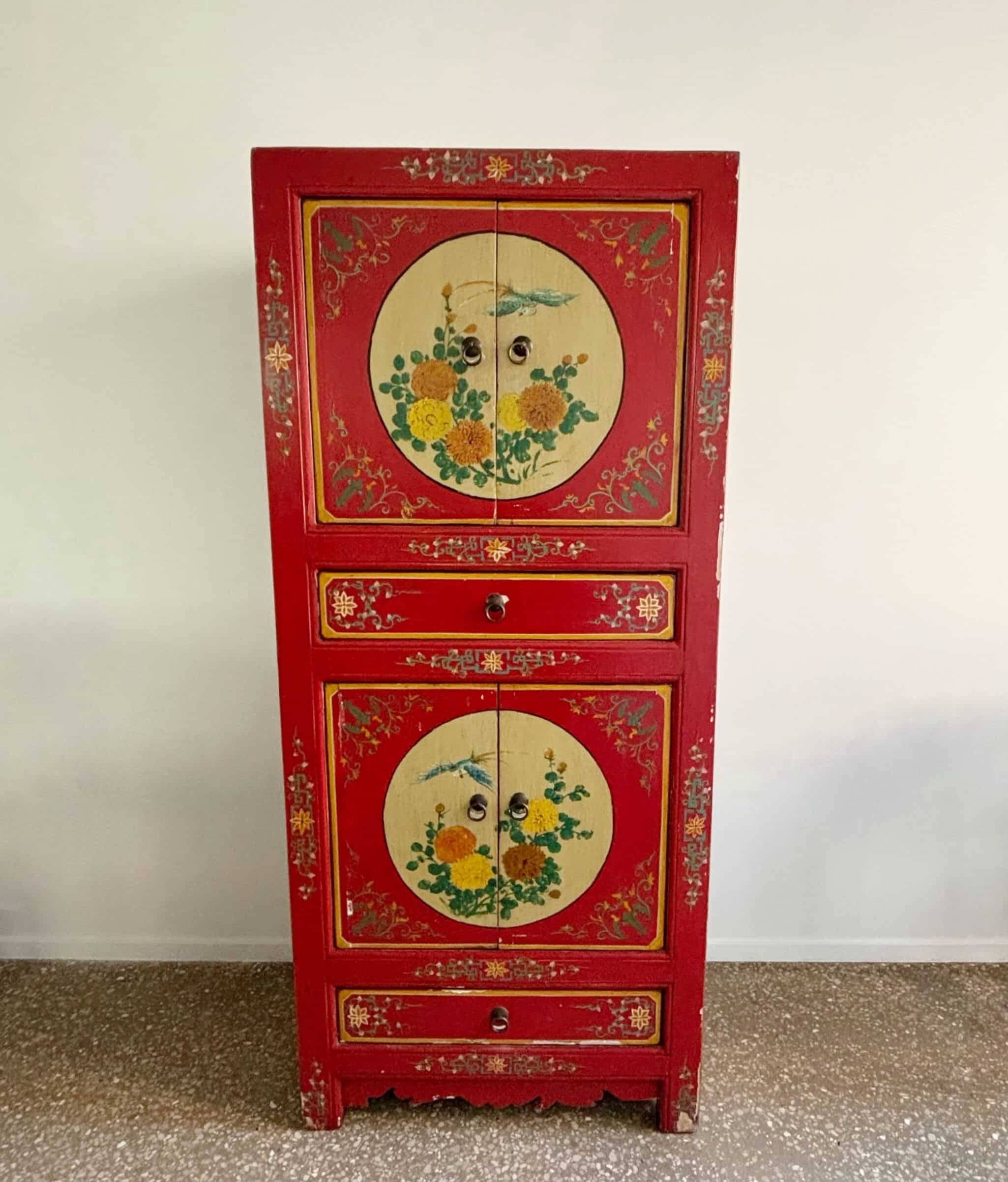 Chinoiserie, Asian wooden cabinet, painted with decor of flowers and birds