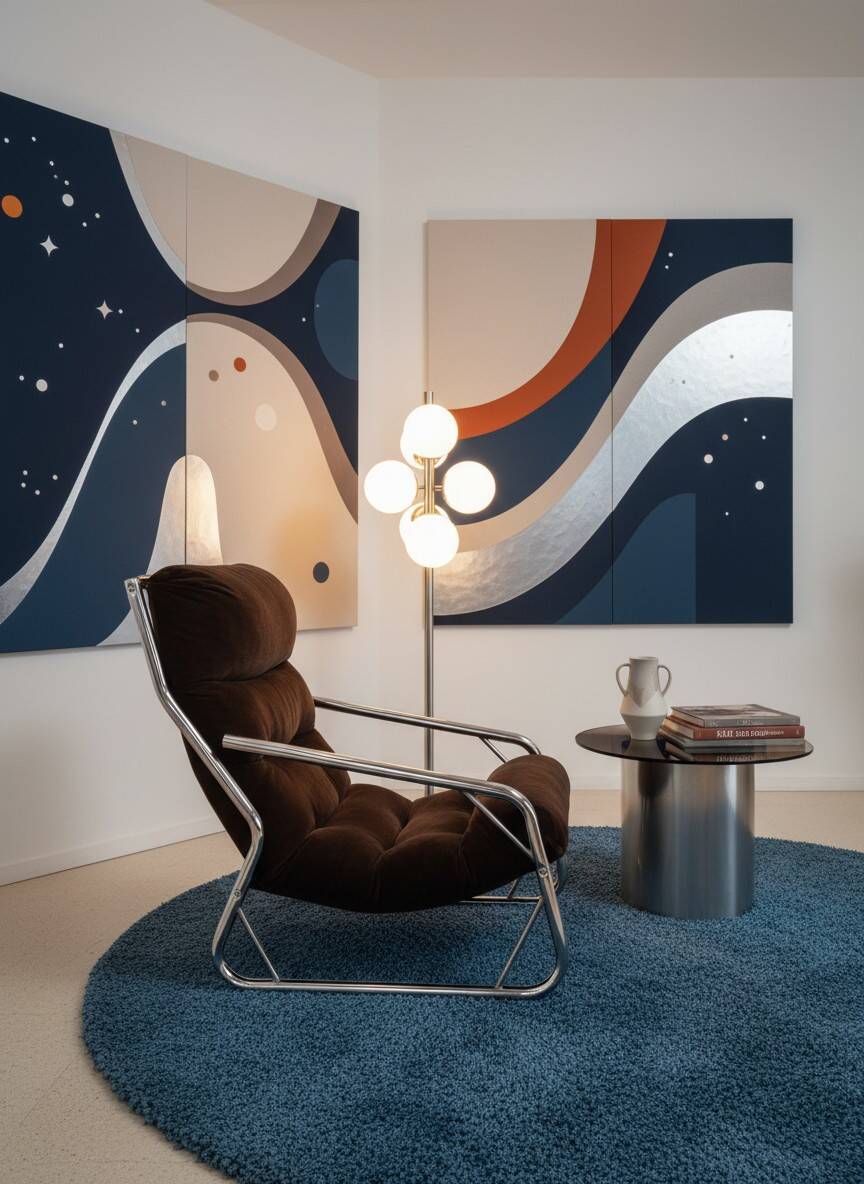 Chrome tubular lounge chair with corduroy – Space Age style 1970
