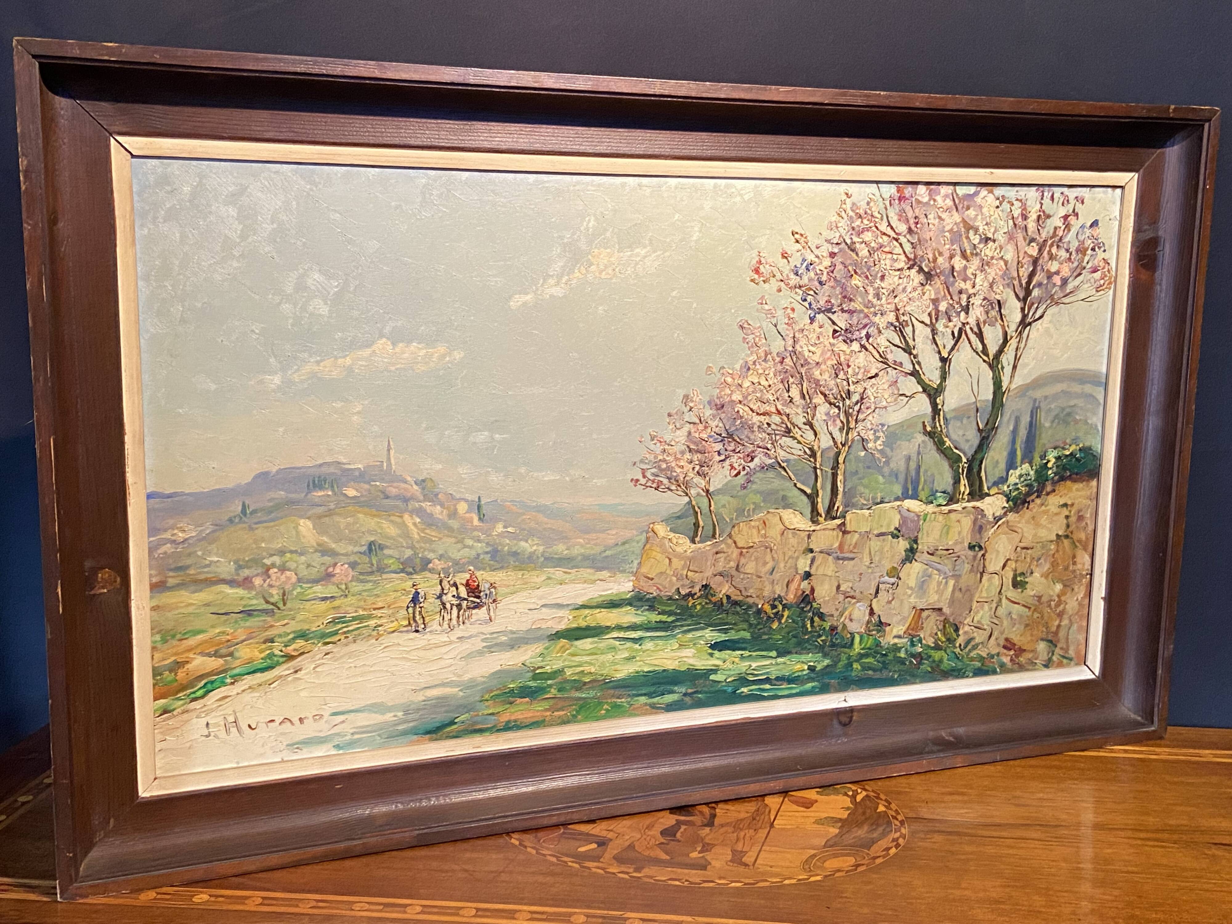 Landscape painting view from the village of Les Angles, Gard, Avignon, Hurard 1887-1956