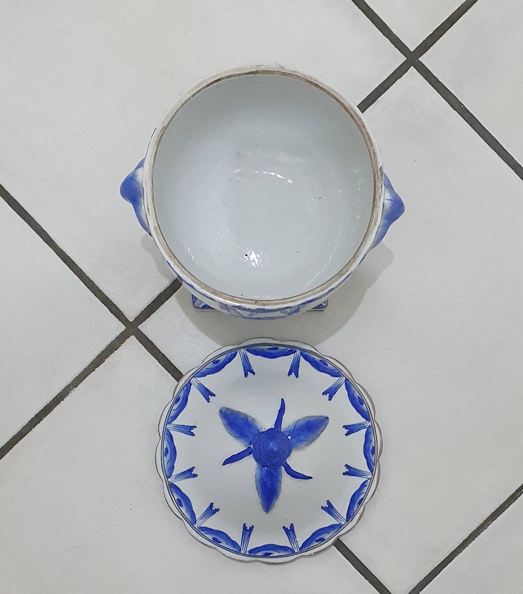 White and blue earthenware candy box