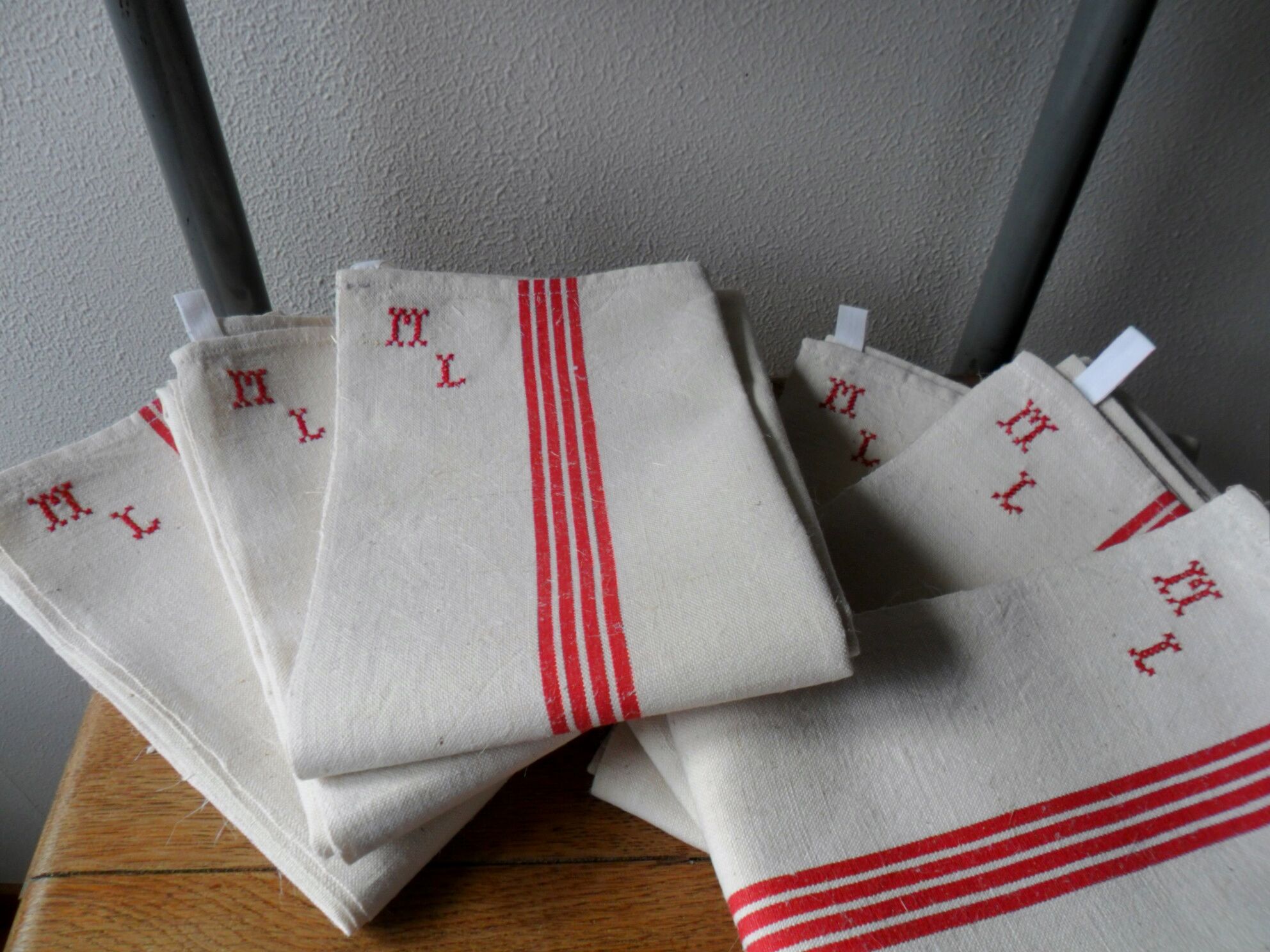 Set of 6 antique tea towels lined with ml