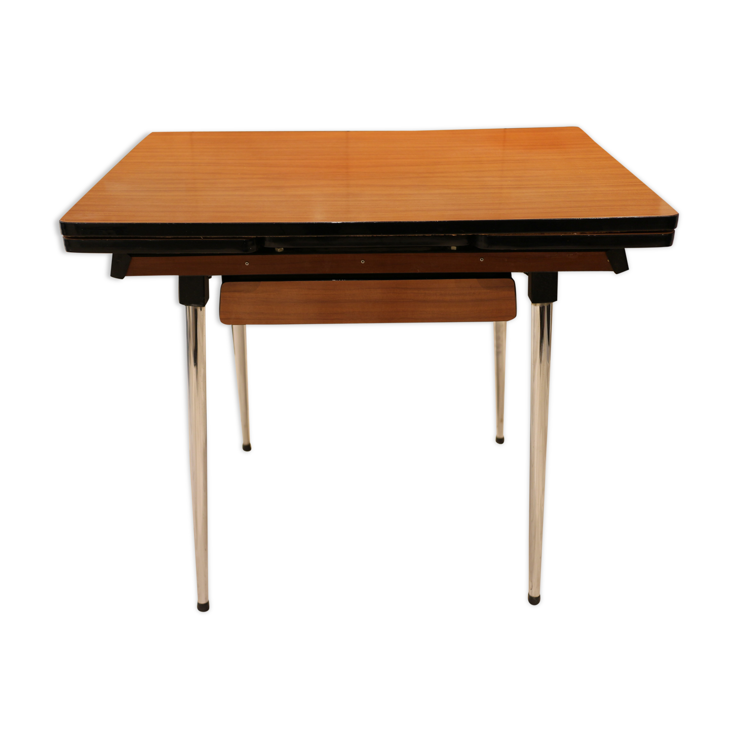 Briwn Formica table with extension cords and drawer