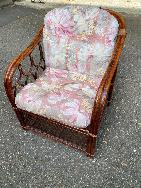 Fauteuil rotin et osier adulte bordeaux avec coussin 1970