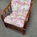 Adult burgundy rattan and wicker armchair with cushion 1970