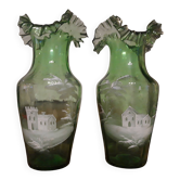 Magnificent pair of antique blown glass vases with enamel.