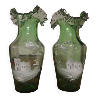 Magnificent pair of antique blown glass vases with enamel.