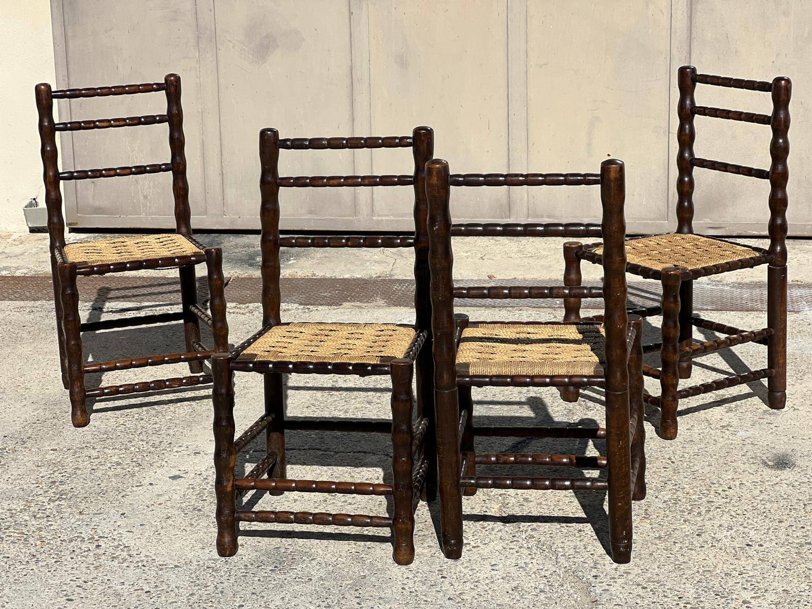 4 wooden and rope bobbin leg chairs attributed to Charles Dudouyt 1940
