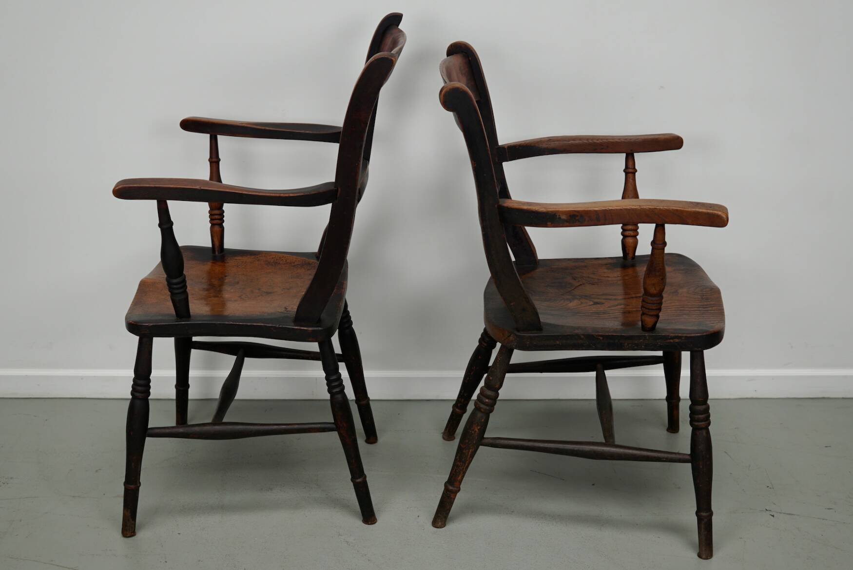 Pair of Antique Oxford Chairs, Windsor, Lath Back, Armchair, Elm, 19thc