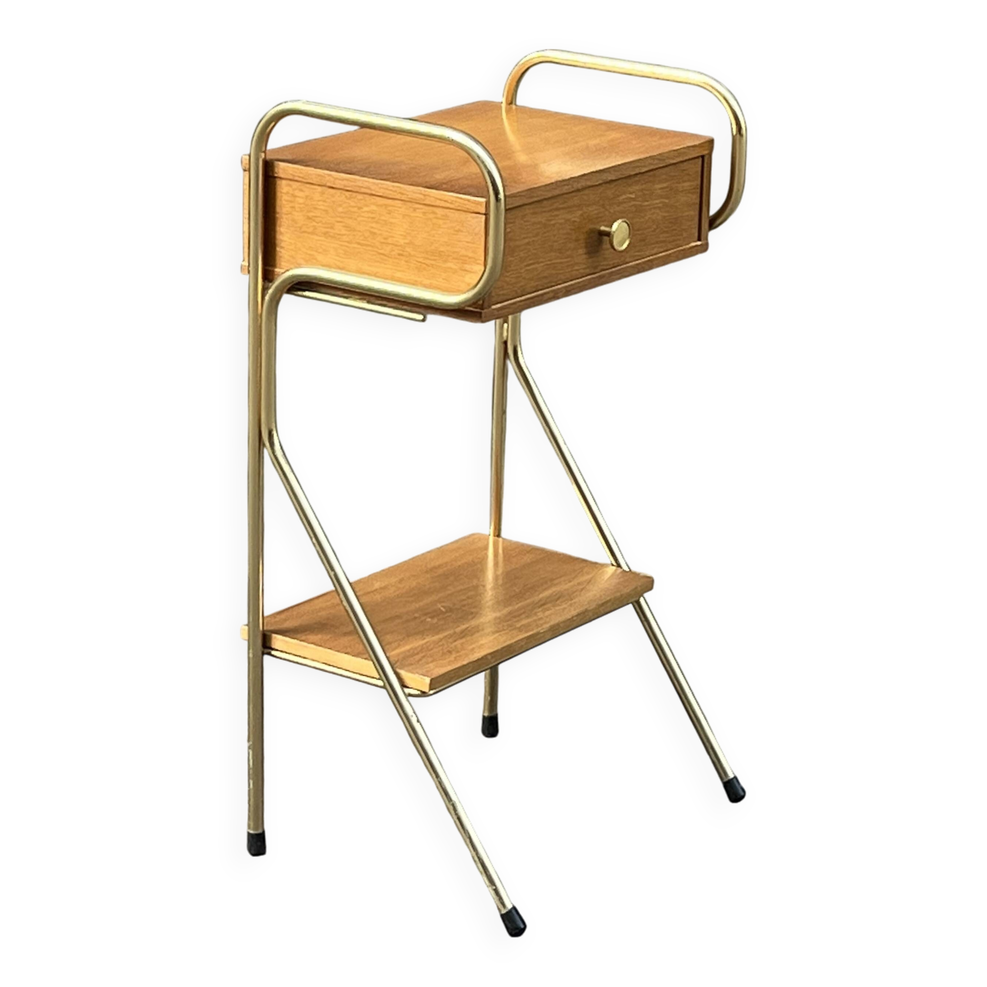 60s wooden and gold metal bedside table