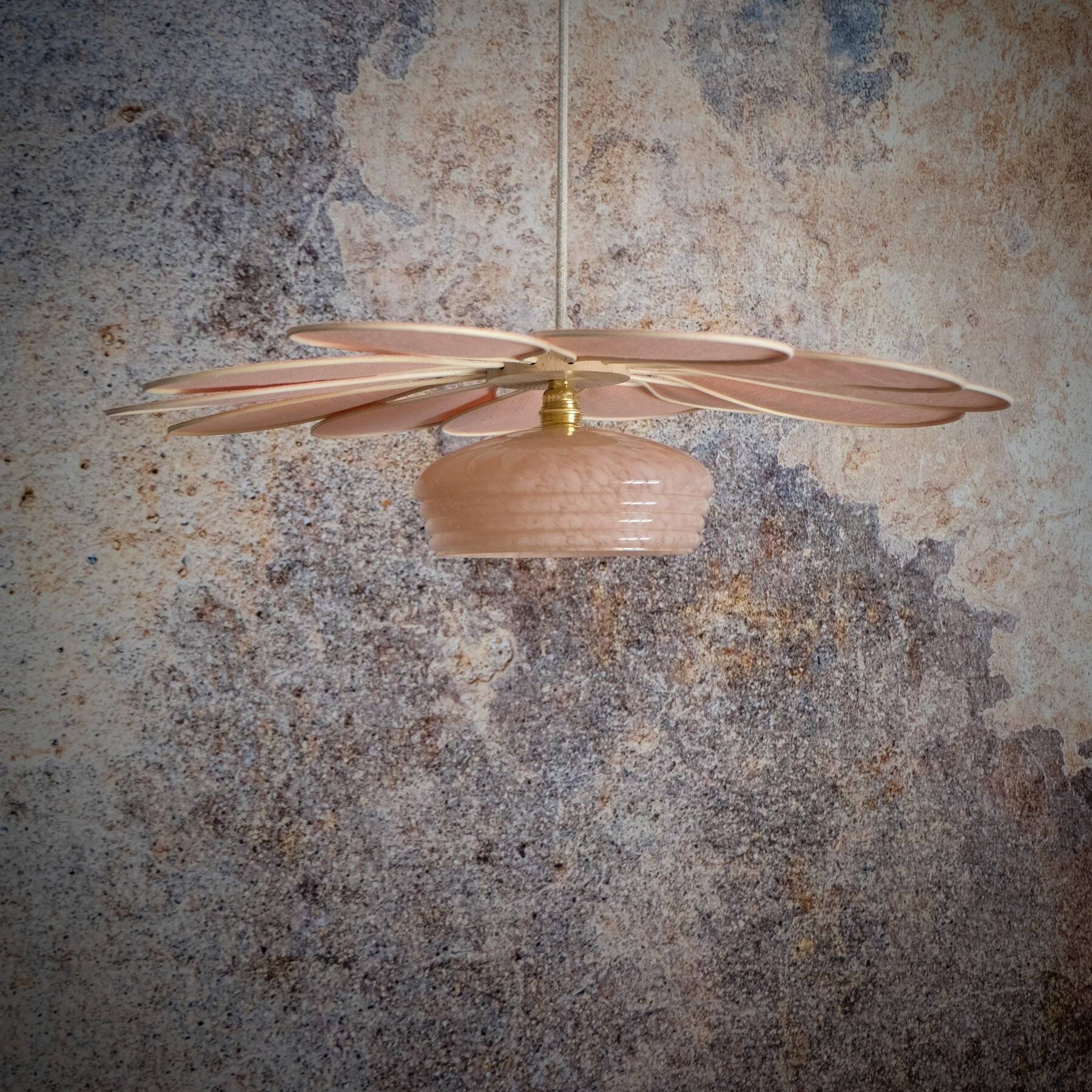 Rattan and Pink Linen Flower Pendant Light and Vintage Clichy Glass Globe