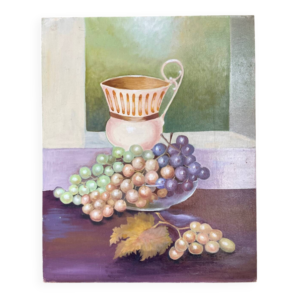 Tableau : nature morte au pichet et aux raisins