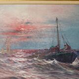 1950's Large Swedish Mid-Century Oil On Canvas " Sailing at Sunset " by Johan Ossian Andersson