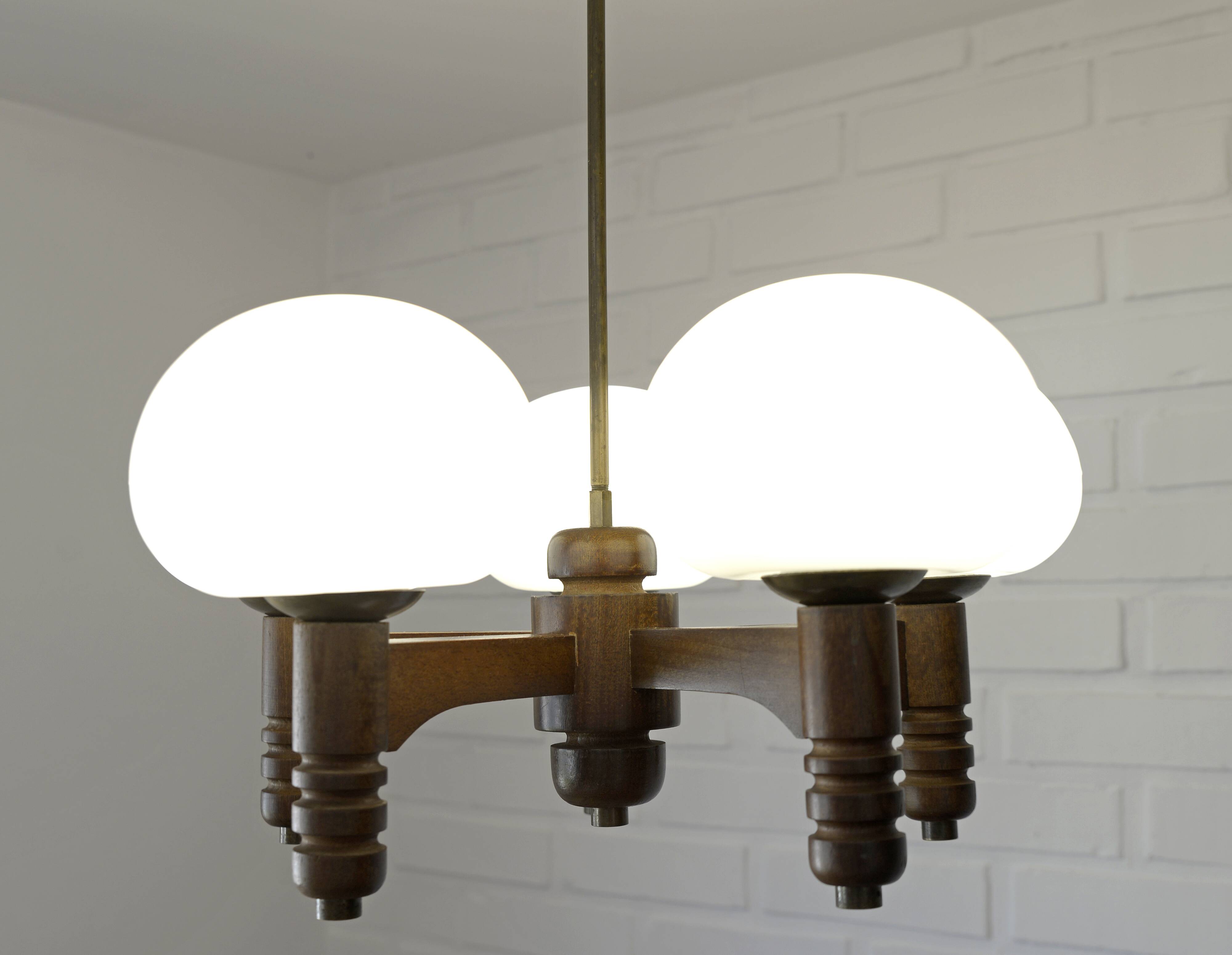 Vintage pendant lam rustic hanging mushroom chandelier wooden light 1970s