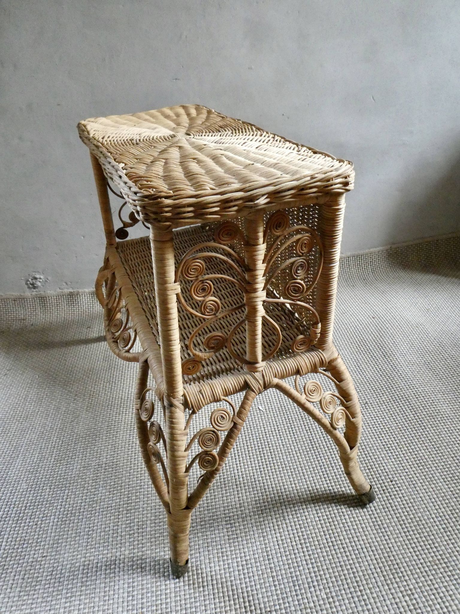 Wood and rattan bedside table, butterflies
