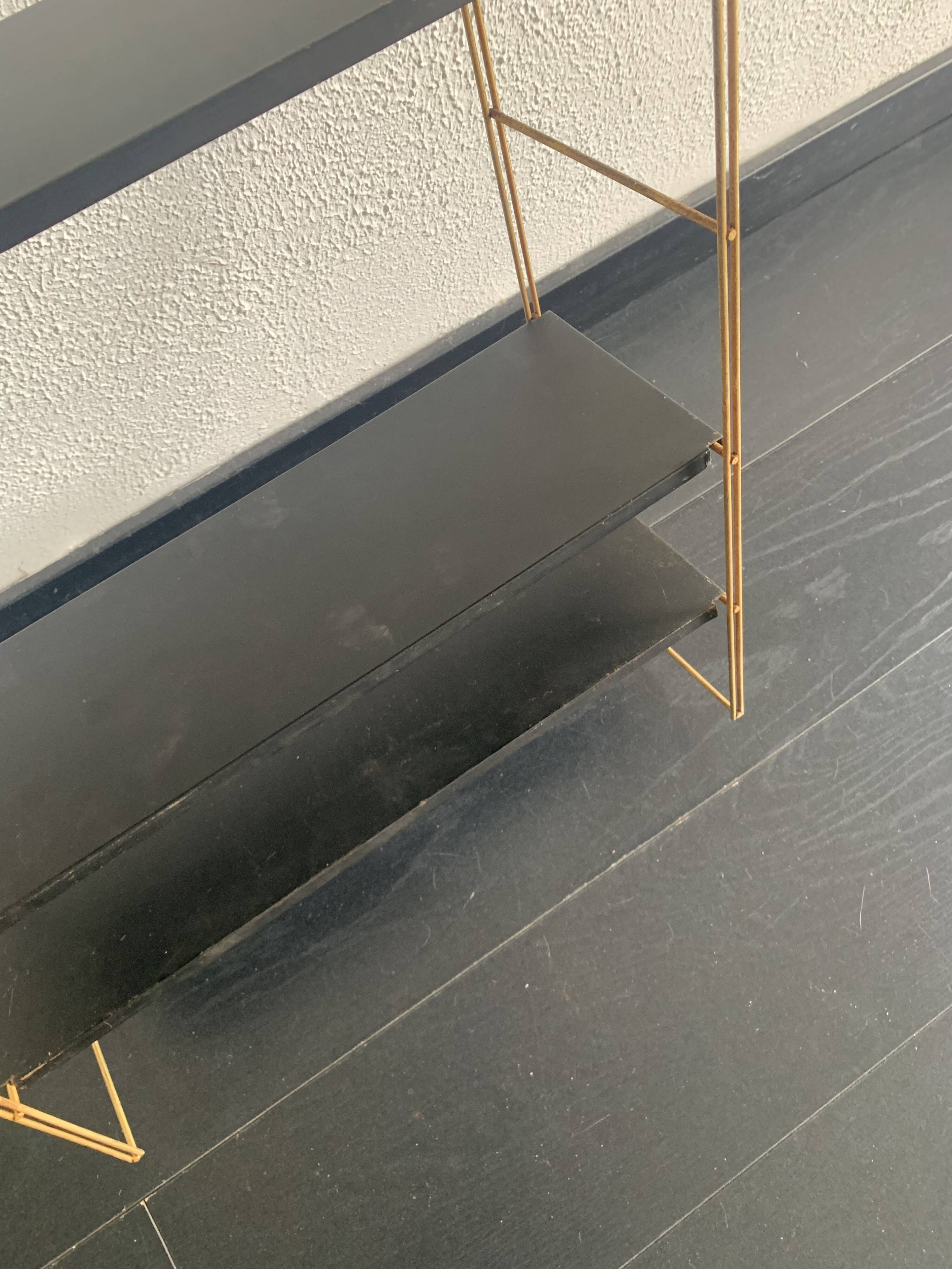 Vintage 1960 String wall shelf black and gold - 60 x 48 cm