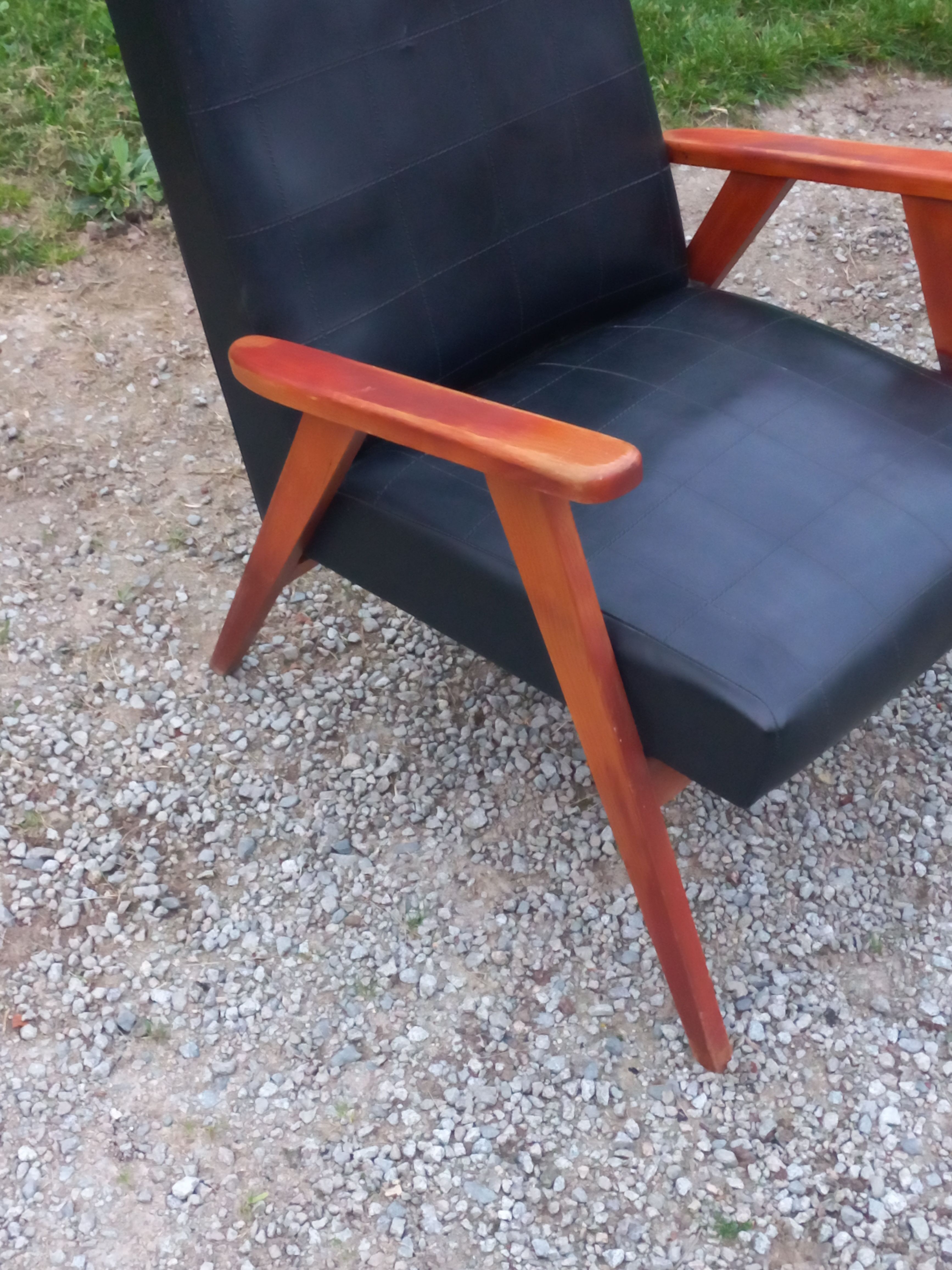 Pair of vintage beech armchairs feet compass covered with black moleskine from the 50s