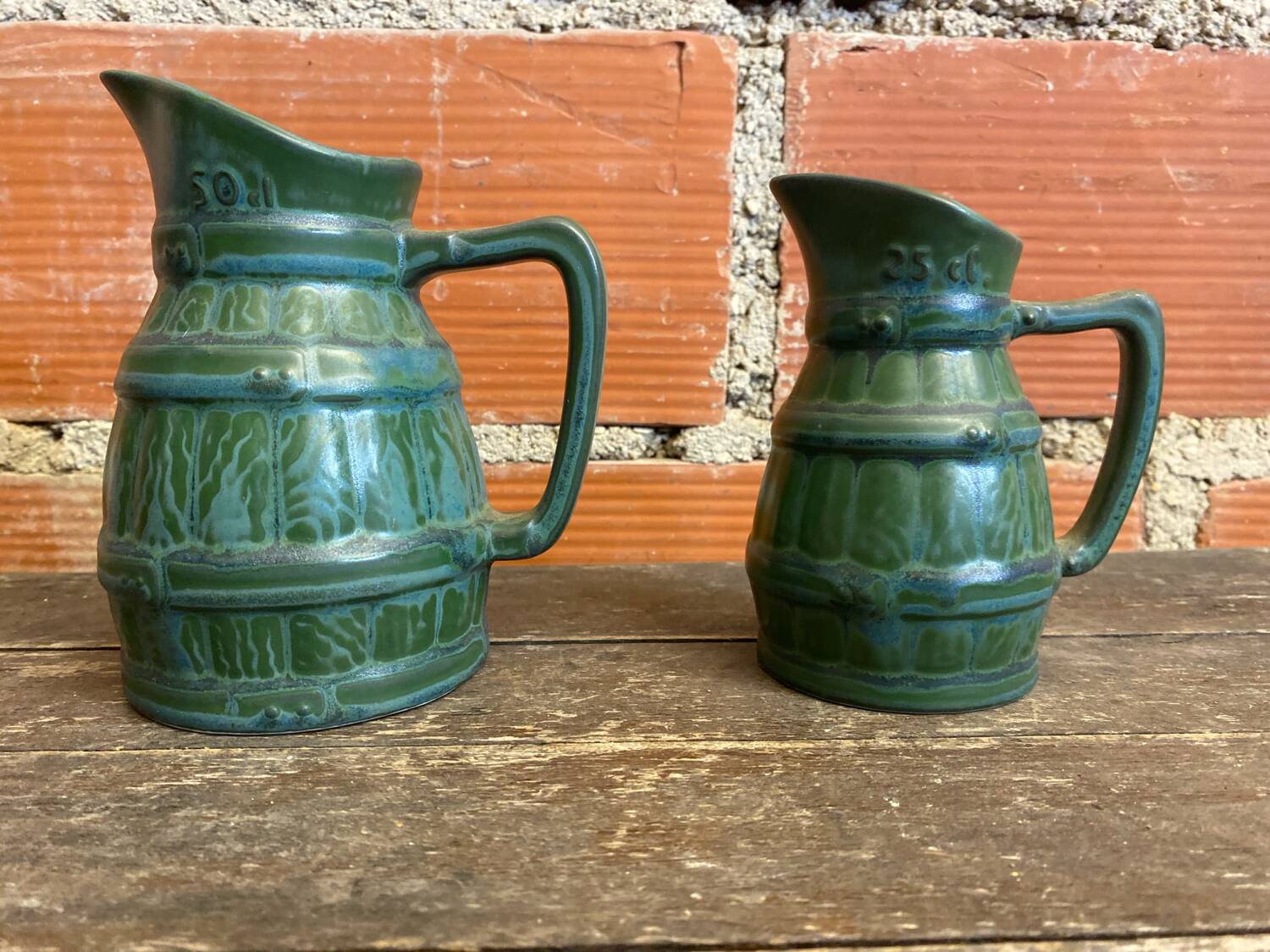 Pair of Vintage 70s Green Glazed Ceramic Barrel-Shaped Jugs