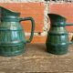 Pair of Vintage 70s Green Glazed Ceramic Barrel-Shaped Jugs