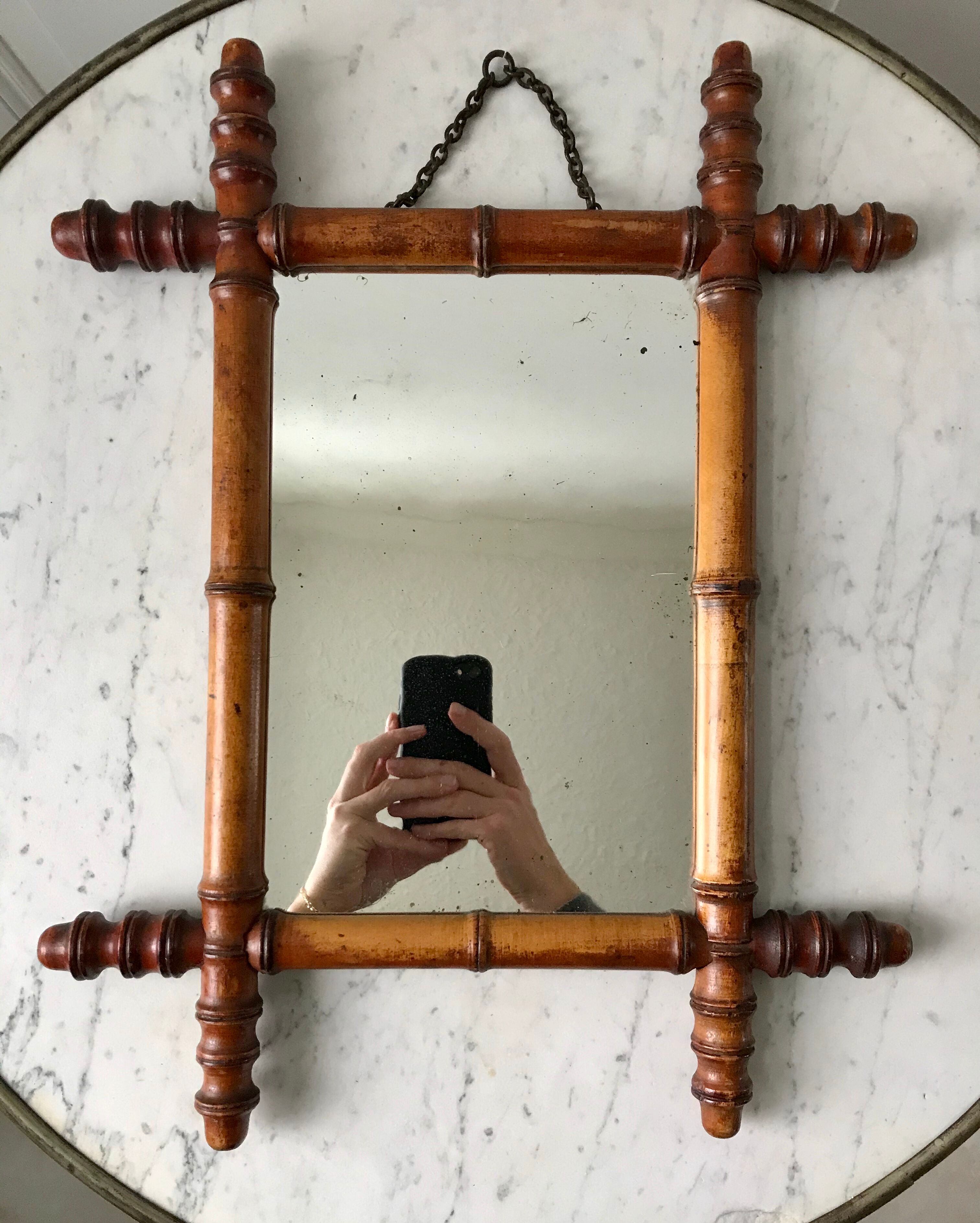 Old barber mirror in solid wood bamboo effect 30-40s