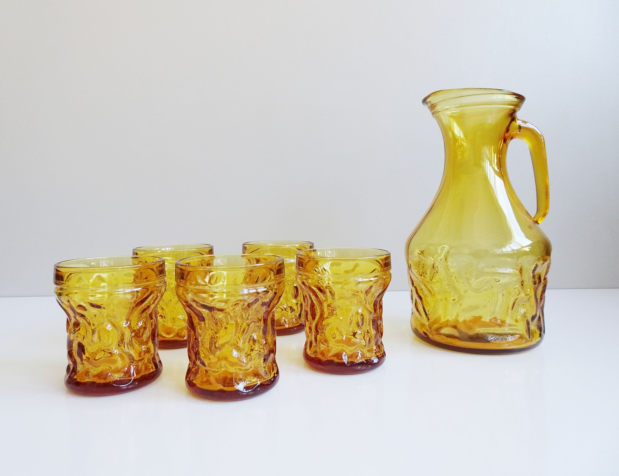 Amber glasses with carafe, italian drinking set 70s