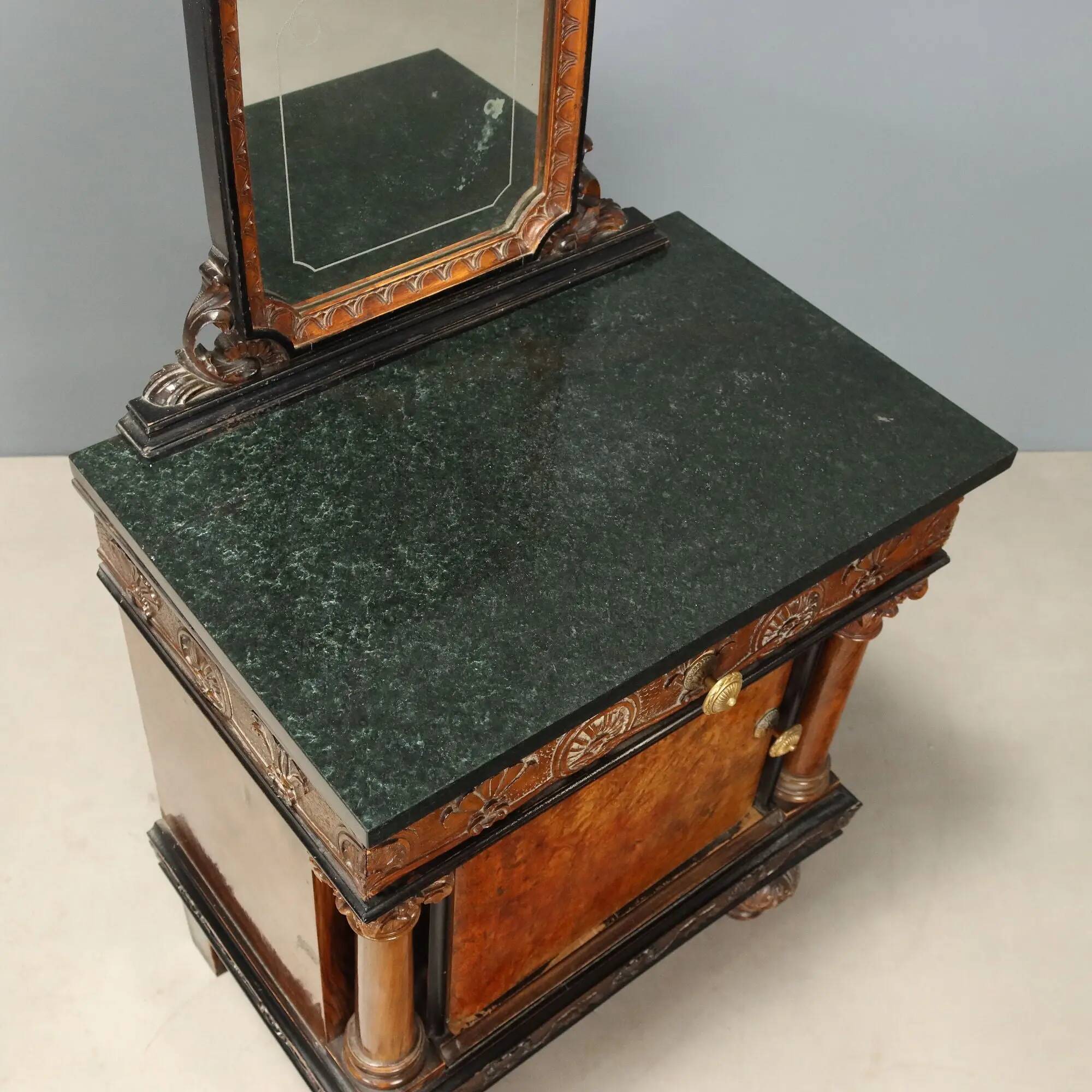 Antique walnut bedside tables with marble and burl, Italy, 20th century.