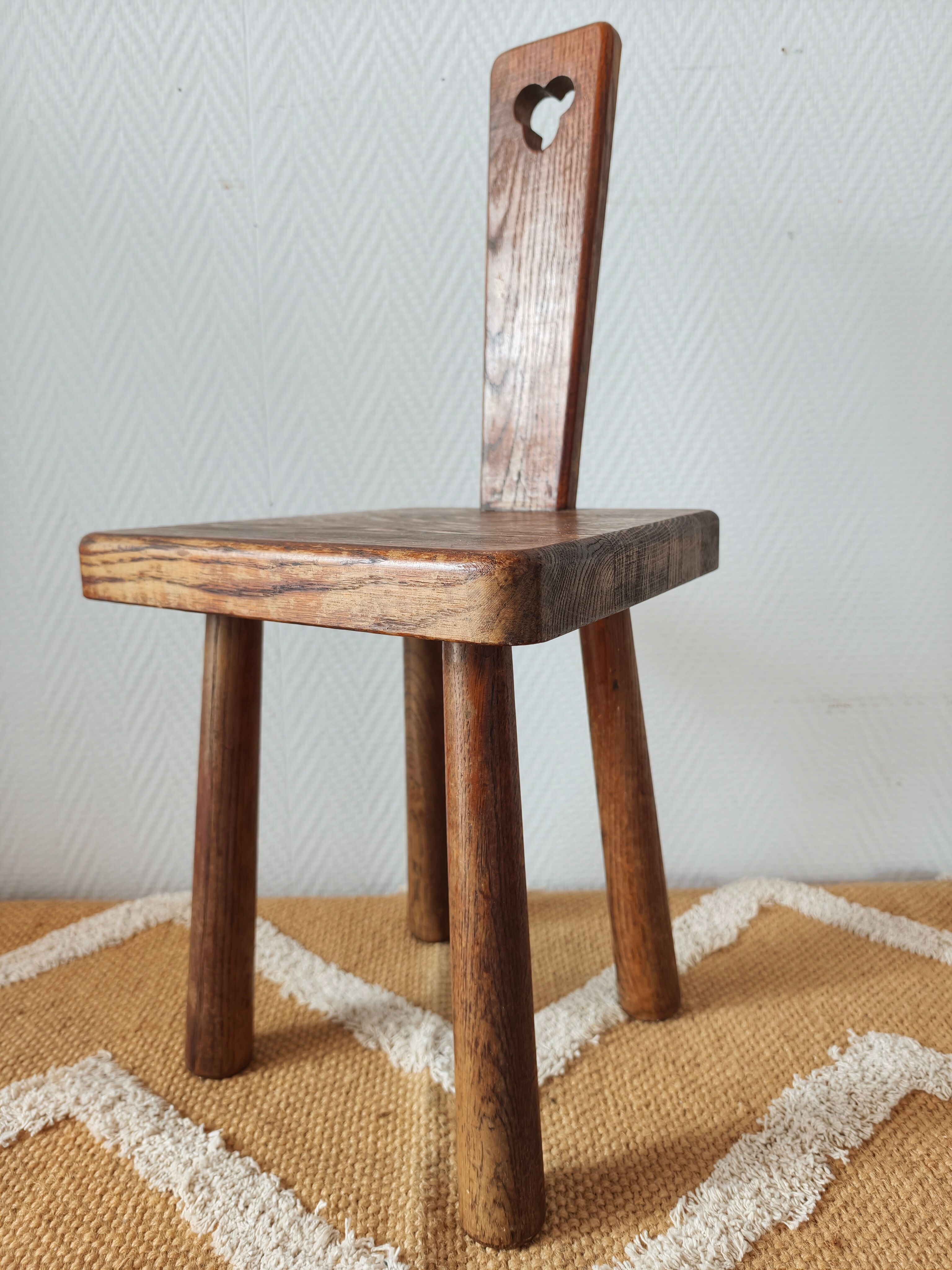Brutalist stool with backrest in solid oak, origin Netherlands