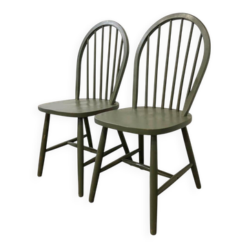 Ensemble de 2 chaises de salle à manger vintage vert olive à fuseaux