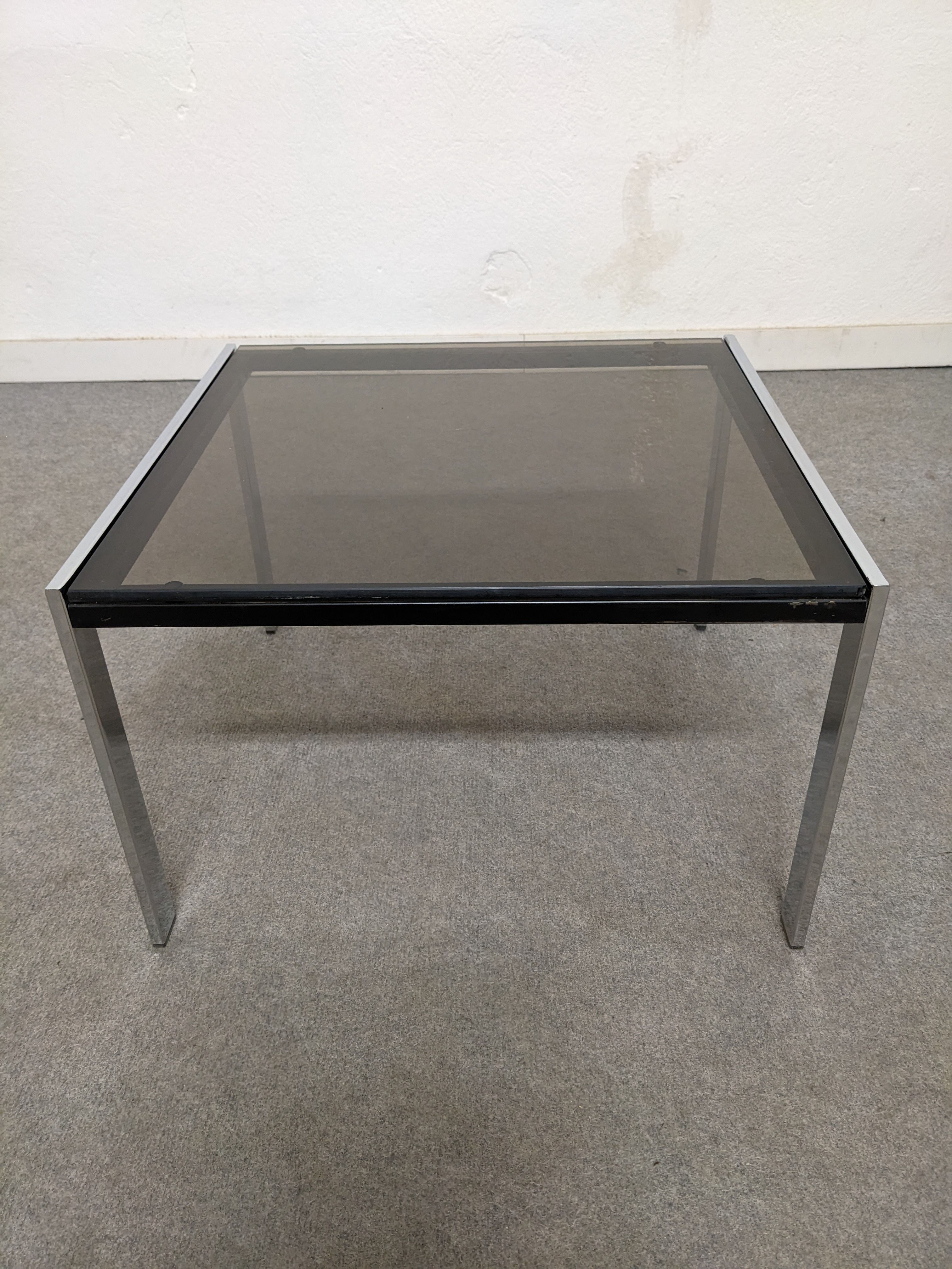 Bedside table or end of sofa in chromed metal and smoked glass from the 70s