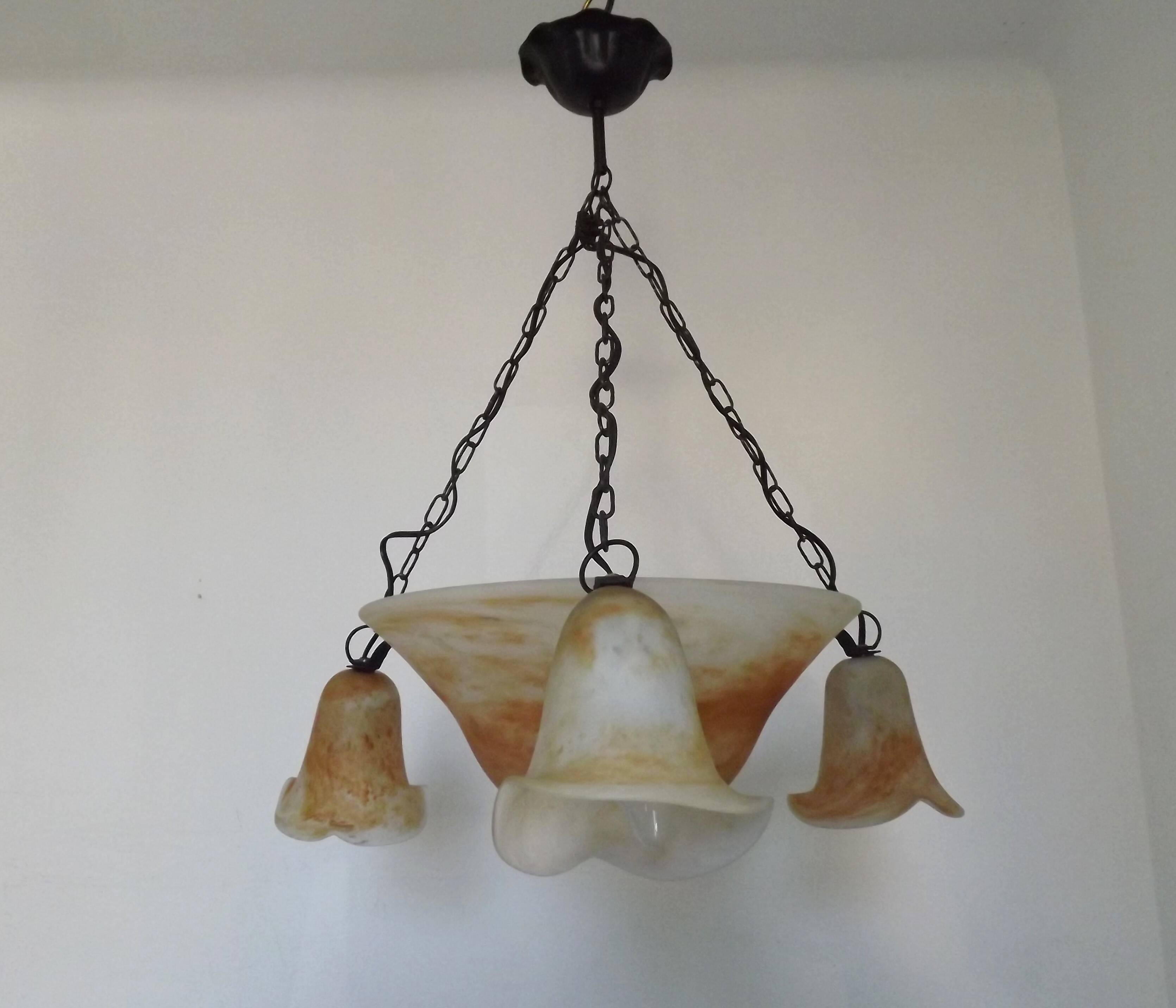 Vintage 4-light chandelier in black metal and glass, France