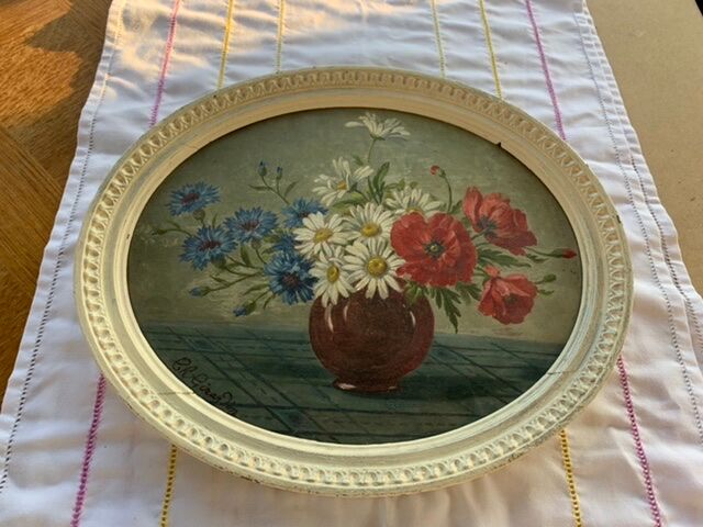 Tableau ancien bouquet de fleurs anémones encadré et signé Ch. Girardin