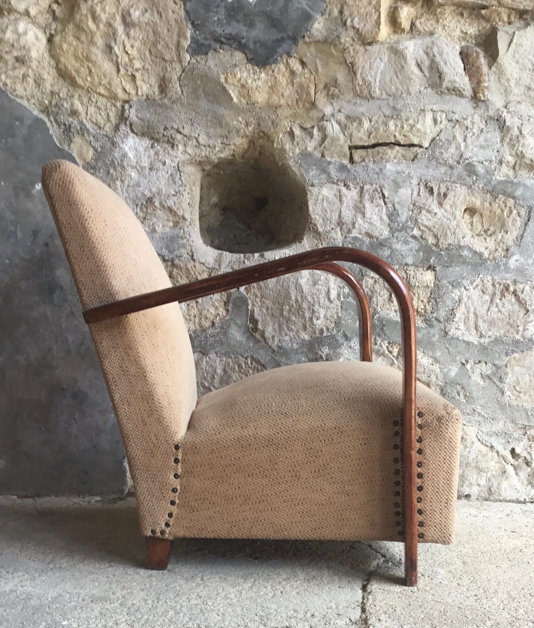 Art Deco armchair - curved wooden armrests - wool coating - mid-twentieth century