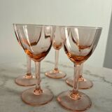 5 small pink glass stemmed glasses