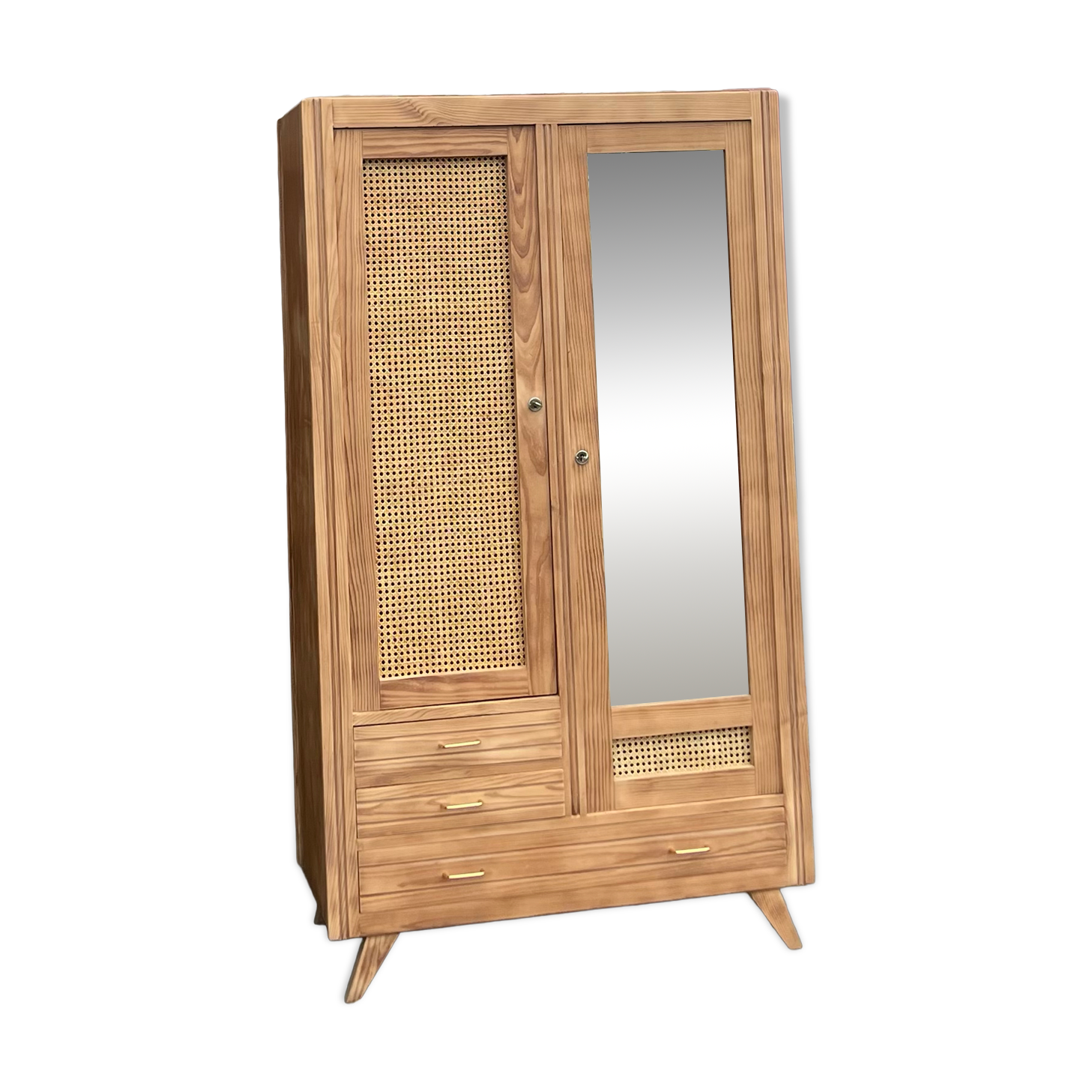 Vintage antique wardrobe in raw wood and cane: hanging space + shelves