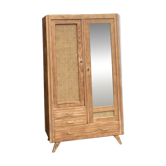 Vintage antique wardrobe in raw wood and cane: hanging space + shelves