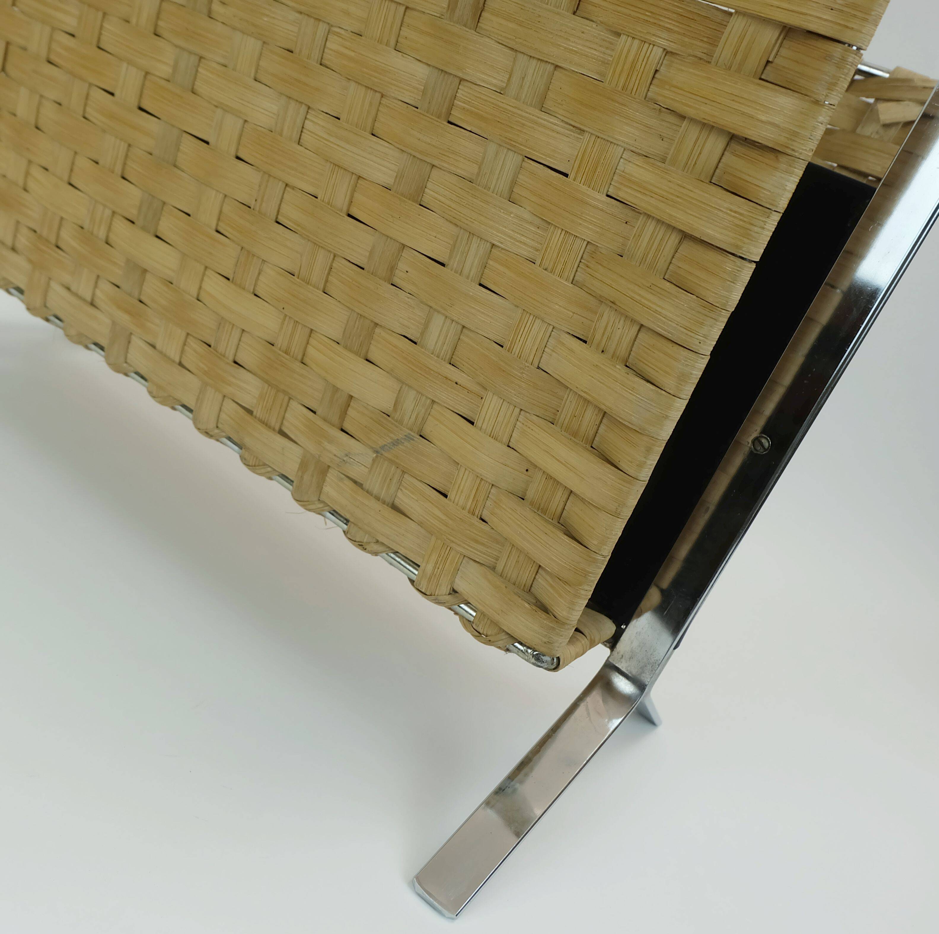 1970s vintage magazine rack newspaper holder chrome leather bamboo