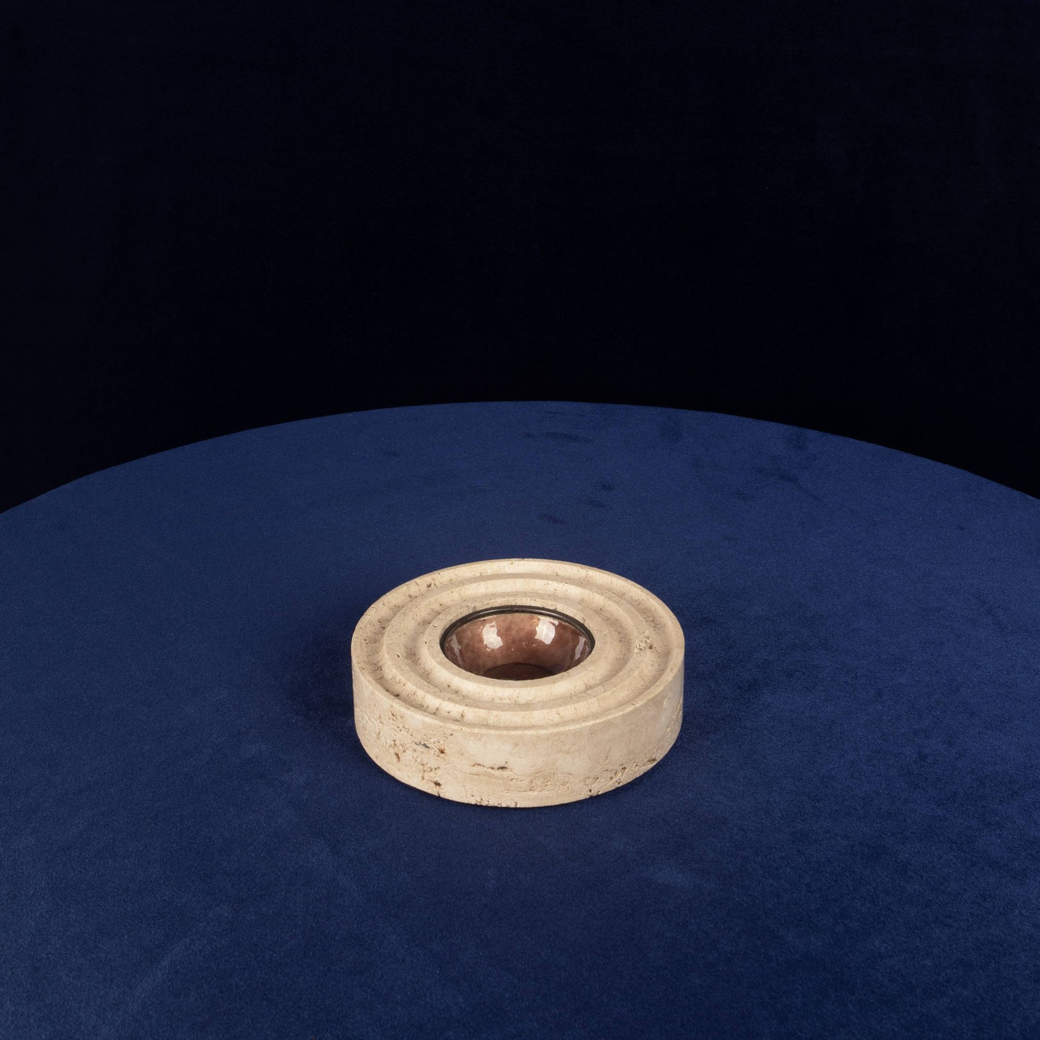 Italian Round Travertine and Copper-Toned Metal Ashtray, 1970