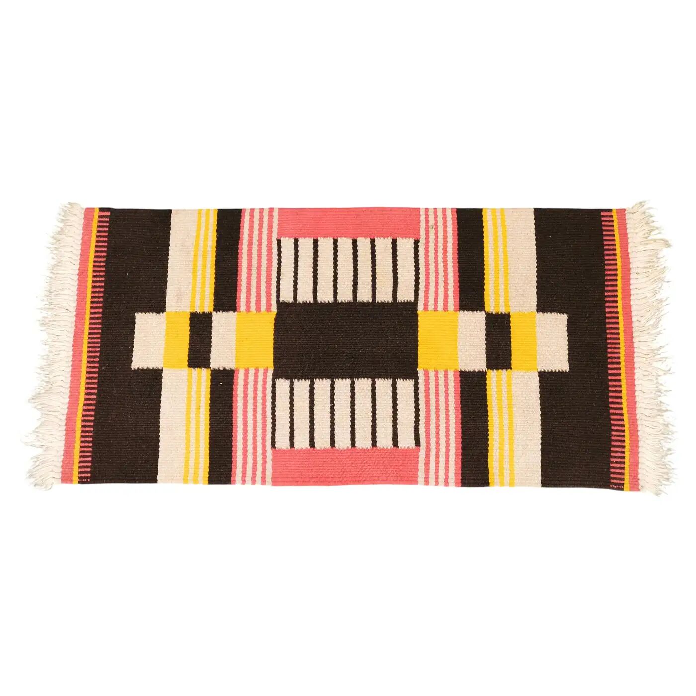1950s Czech Geometric Wool Kilim Rug in Pink Black and Yellow