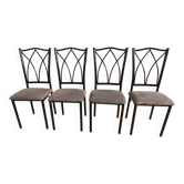 4 black metal chairs with high backs and gray suede tops