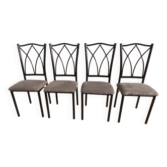 4 Chaises métal noir à dossier haut et dessus en suédine grise