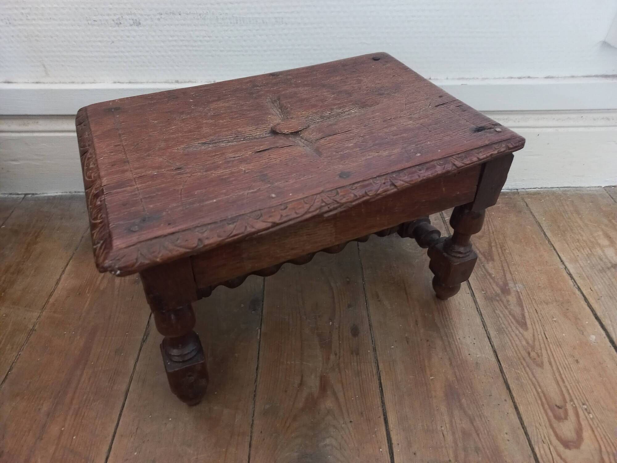 Antique solid wood stool, vintage decor