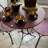 Set of two chairs and wrought iron pedestal table
