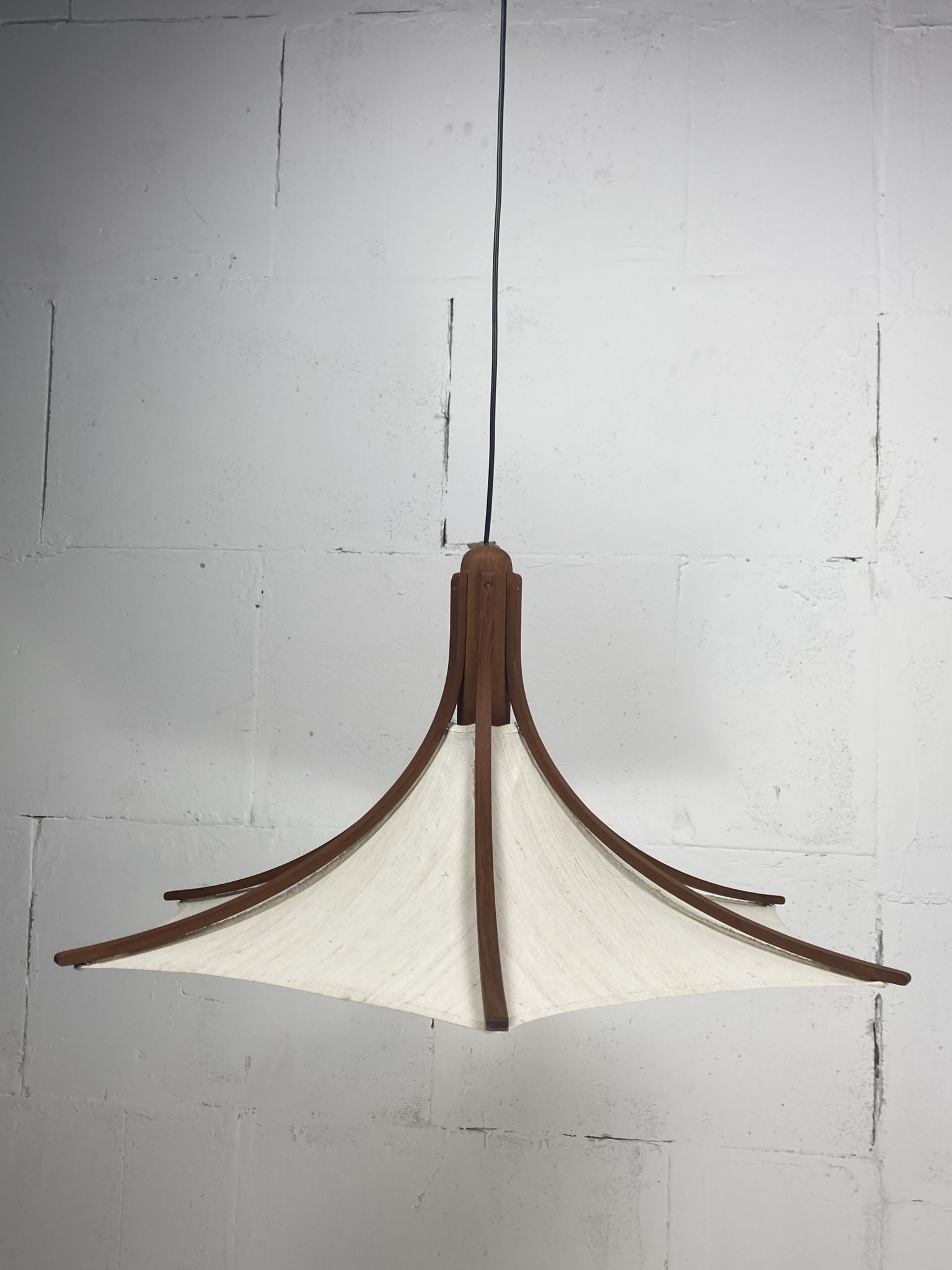 Teak and linen umbrella counter balance pendant by Domus, 1970s