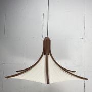 Teak and linen umbrella counter balance pendant by Domus, 1970s